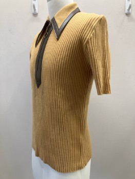 VENTURA, Lt Brown, Solid, Rib Knit, C.A., S/S, Quarter Zip, Leather Trim On Collar And Zip Placket
