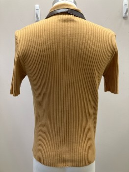 Mens, Sweater, VENTURA, M, Lt Brown, Solid, Rib Knit, C.A., S/S, Quarter Zip, Leather Trim On Collar And Zip Placket