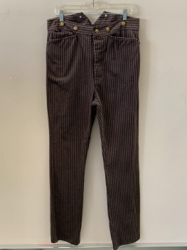 Mens, Historical Fiction Pants, NL, Brown, Black, Cotton, Stripes - Horizontal , 35, 34, Button Front, 4 Pckts, Suspender Buttons, Back Half Belt, Multiples
