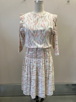 PERCEPTIONS, Cream, Dusty Pink, Tan Brown, Polyester, Abstract , Pull On, Round Neck, Button Loop Closure Back Neck, Bloused Bodice, L/S, with Shoulder Cap Pleats, Elastic Waist, Hip Yoke with 2 Button Detail, Pleated Skirt