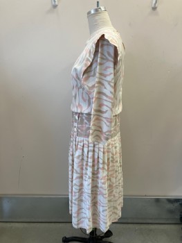 PERCEPTIONS, Cream, Dusty Pink, Tan Brown, Polyester, Abstract , Pull On, Round Neck, Button Loop Closure Back Neck, Bloused Bodice, L/S, with Shoulder Cap Pleats, Elastic Waist, Hip Yoke with 2 Button Detail, Pleated Skirt