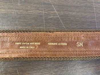 Womens, Belt, SAKS FIFTH AVE, Brown, Bronze Metallic, Leather, Metallic/Metal, Reptile/Snakeskin, 26-30, S, Alligator Embossed Leather with Bronze Chain Mesh Trim, D-ring Buckle
