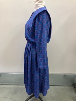 LESLIE FAY, Blue, Raspberry Pink, Polyester, Geometric, Floral, Pull On, Medallion Print, Concealed B.F., Placket with Silver Button At Round Neck, with Knife Pleats Over Each Shoulder And Shoulder Pads