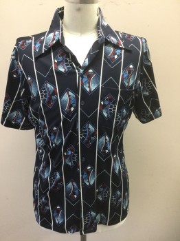 Mens, Casual Shirt, LANCER, Navy Blue, Lt Blue, Red Burgundy, White, Polyester, Geometric, XL, Navy with White Vertical Stripes, Light Blue, Burgundy and White Diamonds with Abstract Pattern, Short Sleeve Button Front, Collar Attached, 1 Pocket,