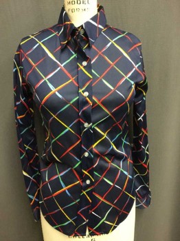 LABLE WHORE LOS ANGE, Navy Blue, Red, Green, Yellow, White, Polyester, Plaid-  Windowpane, Long Sleeves, Button Front, Collar Attached,