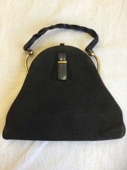 Womens, Purse, Black, Brass Metallic, Leather, Metallic/Metal, Solid, Flat Pear Shaped Handbag, Tulip Shaped Detail In Leather and Suede On Front, Brass Clasp and Unusual Hardware, Refurbished Twisty Handle-" Pendleburys Of Wigan"