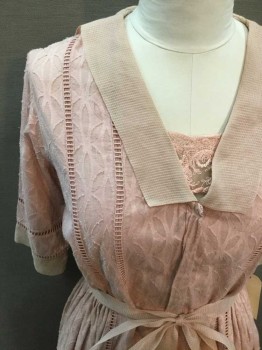 Womens, Dress, N/L, Lt Pink, Cotton, Synthetic, Floral, B:44, Double Layer Thin Cotton, Top Layer Floral Cutout, Hemstitch Detail, Short Sleeve, Synthetic Check Fabric Collar/Cuff/Belt/Underskirt, Gathered Waist, Vneck, Center Front Snap Placket with Embroidered Lace Modesty Panel