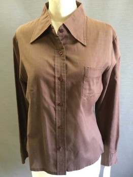Womens, Blouse, PRIMA, Dk Brown, Polyester, Cotton, Solid, M, Long Sleeves, Button Front, Collar Attached,  1 Pocket,