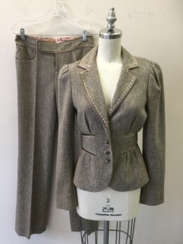 REBECCA TAYLOR, Brown, Cream, Polyester, Wool, Tweed, Single Breasted, C.A., Notched Lapel With Dark Taupe Poly Silk Trim/Knotted Buttons, Pleated at Waist, Waist Tabs Back Laced with Poly Silk, Cream Hem Stitch, Gathered Peplum Back, Gathered Sleeve Inset