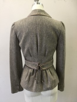 Womens, Suit, Jacket, REBECCA TAYLOR, Brown, Cream, Polyester, Wool, Tweed, B 32, 2, Single Breasted, C.A., Notched Lapel With Dark Taupe Poly Silk Trim/Knotted Buttons, Pleated at Waist, Waist Tabs Back Laced with Poly Silk, Cream Hem Stitch, Gathered Peplum Back, Gathered Sleeve Inset