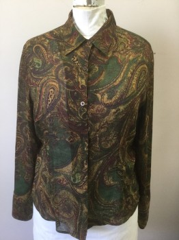 Womens, Blouse, NORTO MCNAUGHTON, Multi-color, Olive Green, Plum Purple, Rust Orange, Gold, Polyester, Paisley/Swirls, Abstract , B:44, 16, Sheer  Abstract Paisley Chiffon in Assorted Earthtones, Long Sleeve Button Front, Collar Attached,