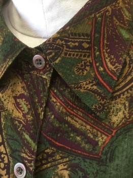 Womens, Blouse, NORTO MCNAUGHTON, Multi-color, Olive Green, Plum Purple, Rust Orange, Gold, Polyester, Paisley/Swirls, Abstract , B:44, 16, Sheer  Abstract Paisley Chiffon in Assorted Earthtones, Long Sleeve Button Front, Collar Attached,