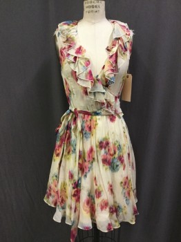 Womens, Dress, Sleeveless, ARC & CO, Cream, Magenta Purple, Blue, Olive Green, Yellow, Cotton, Floral, M, Watercolor Floral Voile, Wrap, Sleeveless, Double Ruffle Trim Neckline, Lined Flared Skirt, Knee Length, Tea, Summer