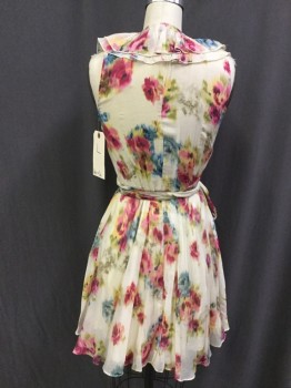 Womens, Dress, Sleeveless, ARC & CO, Cream, Magenta Purple, Blue, Olive Green, Yellow, Cotton, Floral, M, Watercolor Floral Voile, Wrap, Sleeveless, Double Ruffle Trim Neckline, Lined Flared Skirt, Knee Length, Tea, Summer