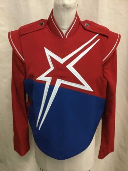 Unisex, Marching Band, Jacket/Coat, FRUHAUF UNIFORMS, Red, Silver, Polyester, Solid, 44L, Red Gabardine, Zip and Snap Front, Faux Buttons, Epaulets, Shoulders Edged with Silver, Can Also Rent with It Separately Silver and Blue Star Sash See Photo Attached,  Or Red White and Blue Star Front Rented Separately See Photo Attached, Multiples