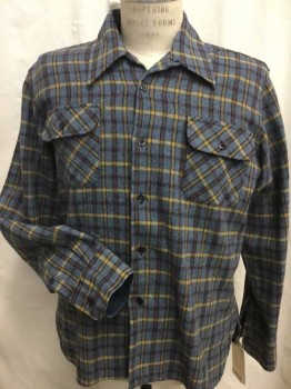 Mens, Casual Shirt, ARROW, Slate Blue, Brown, Yellow, Navy Blue, Wool, Plaid, 16, L, 33-34, Collar Attached, Button Front, 2 Pockets W/flap, Long Sleeves,