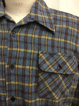 ARROW, Slate Blue, Brown, Yellow, Navy Blue, Wool, Plaid, Collar Attached, Button Front, 2 Pockets W/flap, Long Sleeves,