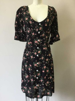 Womens, Dress, Short Sleeve, CHRISTY DAWN, Black, Red, White, Green, Synthetic, Floral, S, Black with Red/white/green Floral Print, Scoop Neck, Button Front, Short Sleeve with Ruffle Trim, Self Tie Belt
