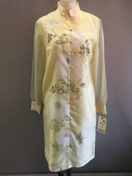 Womens, Jacket, Alfred Shaheen, Yellow, White, Olive Green, Silk, Floral, H38, B34, Button Front, Mandarin/Nehru Collar, Long Sleeves, Sheer Sleeves, Painted Floral Print, 2 Button Cuffs, Sleeves Have Pulls And Look A Little Dingy.