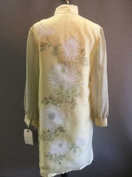 Womens, Jacket, Alfred Shaheen, Yellow, White, Olive Green, Silk, Floral, H38, B34, Button Front, Mandarin/Nehru Collar, Long Sleeves, Sheer Sleeves, Painted Floral Print, 2 Button Cuffs, Sleeves Have Pulls And Look A Little Dingy.
