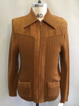 Tundra, Chestnut Brown, Wool, Suede, Cardigan, Long Sleeves, Zip Front, Collar, 2 Front Patch Pockets with Suede Trim,