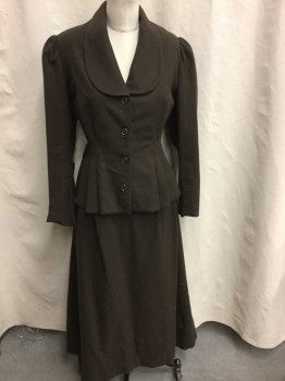 N/L, Brown, Wool, Solid, Long Sleeves, 3 Buttons,  Rounded Collar/Lapel, Puffy Sleeves Gathered At Shoulders, 2 Darts On Each Side Of Waist with Pleats At Each End, Maroon Silk Lining, Made To Order,