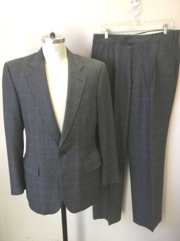 Mens, Suit, Jacket, CARROLL & CO, Gray, Charcoal Gray, Wool, Glen Plaid, 40R, Single Breasted, Notched Lapel, 2 Buttons, 3 Pockets, Lining is Maroon with Taupe and Gray Medallions Pattern