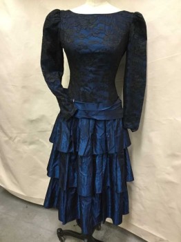 Womens, Cocktail Dress, N/L, Black, Teal Blue, Synthetic, Floral, 26, 32, Black Floral Lace W/teal Blue Lining, Boat Neck, 3/4 Sleeves, 3 Tiers Skirt, 4" Gathered Waist Belt, Zip Back, W/big Bow