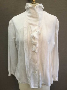 NANCY CRYSTAL, White, Linen, Lace, Solid, Long Sleeve Button Front, Soft Stand Collar That Folds Over with Rounded Ends, Scallopped Lace Trim At Neck, Self Ties At Neck with Loop, Vertical Pleats and Pin Tucks At Center Front Button Placket, 1980's But Looks Like 1910's **Has Detachable Dickie/Bib Front with Snap Closures To Attach,