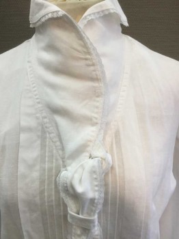 NANCY CRYSTAL, White, Linen, Lace, Solid, Long Sleeve Button Front, Soft Stand Collar That Folds Over with Rounded Ends, Scallopped Lace Trim At Neck, Self Ties At Neck with Loop, Vertical Pleats and Pin Tucks At Center Front Button Placket, 1980's But Looks Like 1910's **Has Detachable Dickie/Bib Front with Snap Closures To Attach,