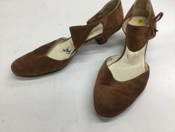 Womens, Shoes, FERRAGAMO'S, Lt Brown, Suede, Solid, 8/8.5, Closed Toe, Curved/Half Circle Shape Strap At Ankle, 1.5" Kitten Heel