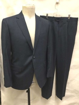 Mens, Suit, Jacket, PAUL BETENLY, Charcoal Gray, Dk Blue, Wool, Plaid-  Windowpane, 42R, Charcoal with Faint Dark Blue Windowpane, Single Breasted, Notched Lapel, 2 Buttons, 3 Pockets, Periwinkle and Light Blue Satin Lining