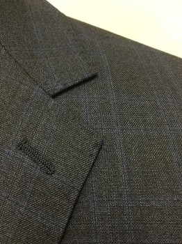 Mens, Suit, Jacket, PAUL BETENLY, Charcoal Gray, Dk Blue, Wool, Plaid-  Windowpane, 42R, Charcoal with Faint Dark Blue Windowpane, Single Breasted, Notched Lapel, 2 Buttons, 3 Pockets, Periwinkle and Light Blue Satin Lining