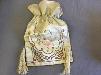 N/L, Lt Gray, Lt Pink, Gold, Cranberry Red, Silk, Floral, Flat Rectangle with Appliqué and Embroidery. Drawstring, Tassels,