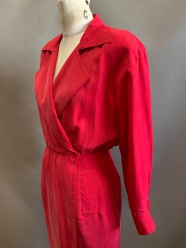 GILLIAN, Cherry Red, Silk, Acetate, Solid, L/S, Notched Lapel, Surplice Neckline, Padded Shoulders, 2 Hip Pockets, Knee Length