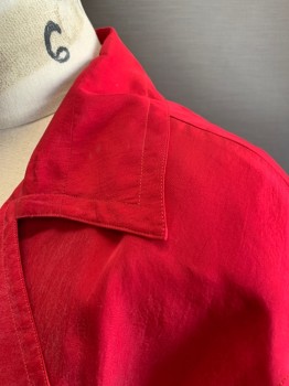 GILLIAN, Cherry Red, Silk, Acetate, Solid, L/S, Notched Lapel, Surplice Neckline, Padded Shoulders, 2 Hip Pockets, Knee Length