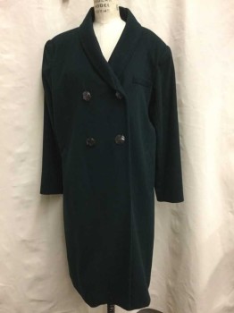 Womens, Coat, N/L, Forest Green, Wool, Solid, Double Breasted, Padded Shoulders, Shawl Lapel, Oversized Brown Plastic Buttons with Starburst Ridges, 3 Pockets, Mid Calf Length, Satin Lining,