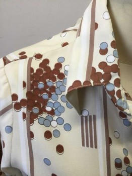 THE GOLDEN LADY, Tan Brown, Brown, White, Gray, Polyester, Stripes, Novelty Pattern, Bubble Circle Print, Button Front, Pointy Collar, Turned Back Cuff
