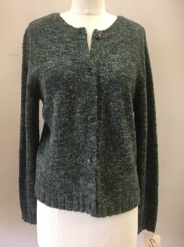 PETITE SOPHISTICATE, Olive Green, Teal Blue, Acrylic, Heathered, Crew Neck, Button Front,