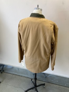 Mens, Barn/Field Jacket, L.L.BEAN, Caramel Brown, Olive Green, Cotton, Solid, M, Caramel Canvas, Olive Corduroy C.A., B.F., 1 Zip Pckt, 2  Waist Pckts As Flaps W/2 Add'l Pckts Underneath,  Reinforced Shoulders, Back SIde Gussets, L/S, Detachable Plaid Wool Lining, Staining On Front, Whisker Fading On Sleeves
