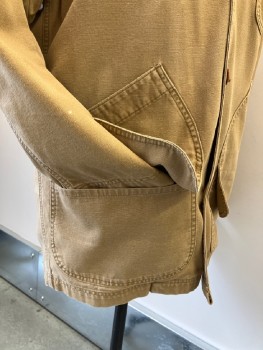 Mens, Barn/Field Jacket, L.L.BEAN, Caramel Brown, Olive Green, Cotton, Solid, M, Caramel Canvas, Olive Corduroy C.A., B.F., 1 Zip Pckt, 2  Waist Pckts As Flaps W/2 Add'l Pckts Underneath,  Reinforced Shoulders, Back SIde Gussets, L/S, Detachable Plaid Wool Lining, Staining On Front, Whisker Fading On Sleeves