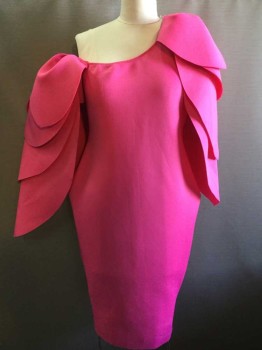 QUUM SHOP, Hot Pink, Neoprene, Polyester, Solid, Pull Over, One Shoulder On and One Shoulder Off, Multi-Petals Make Over Sleeve, the Dress Is Sleeveless, Pencil Skirt, Pear Shaped, Full Figure, Says 3X, Fun, Campy,