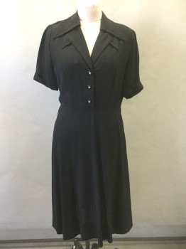 FOREVER YOUNG, Black, Solid, Crepe, Short Sleeves, Shirtwaist, 3 Buttons - Black with Silver Gemstone Centers, 2 Tiered Geometric Pointed Collar, Folded Cuffs, A-Line Paneled Skirt, Padded Shoulders, **Has Sun Damage/Fading at Shoulders