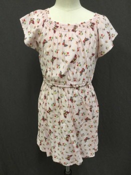 Womens, Dress, Short Sleeve, GAP, Lt Pink, Multi-color, Rayon, Floral, Novelty Pattern, 4/6X, Light Pink with Multicolor Floral and Butterfly Pattern, Cap Sleeves, Square Neck, Smocked Detail at Neckline, Elastic Waist