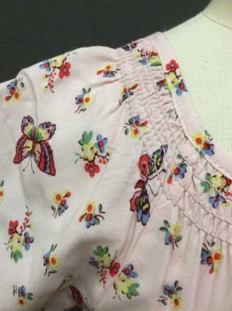 Womens, Dress, Short Sleeve, GAP, Lt Pink, Multi-color, Rayon, Floral, Novelty Pattern, 4/6X, Light Pink with Multicolor Floral and Butterfly Pattern, Cap Sleeves, Square Neck, Smocked Detail at Neckline, Elastic Waist