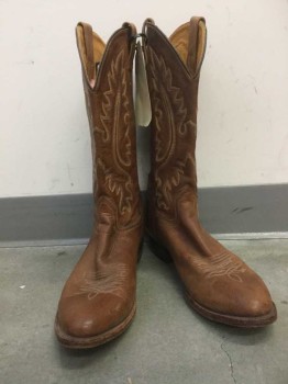Mens, Cowboy Boots , OLD WEST, Brown, Lt Brown, Yellow, Black, Leather, Abstract , 11, Brown Leather, Black Piping, Yellow/Light Brown/Black Embroidery, Oval/Tapered Toe, 1.5" Heel