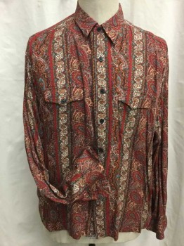 POLO, Rust Orange, Dusty Blue, Orange, Maroon Red, Red Burgundy, Rayon, Paisley/Swirls, Stripes - Vertical , Button Front, Collar Attached, 2 Flap Pocket,