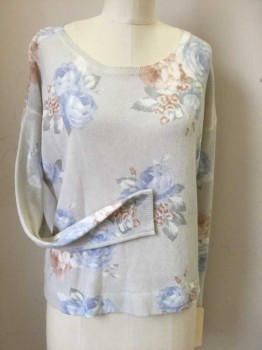 Womens, Pullover, JOIE, Lt Gray, Lt Blue, Lt Brown, White, Cashmere, Floral, XXS, Round Neck,  Long Sleeves, Boxy