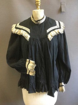 NL, Black, Cotton, Polka Dots, Micro Polka Dot Print Cotton with Creme Ruffled Lace Trim at Sailor Collar & and Cuffs. Tiny Black Dots & Stars on Cream Ribbon Trim. Snaps Center Front, Long Sleeves, Collar Band. Self Ruffled Hemline, Tiny Holes and Stains on Center Back Ruffle See Detail Photo,