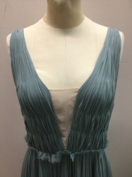 J.MENDEL, Slate Blue, Ecru, Silk, Solid, Slate Murky Ocean Blue Finely Pleated Chiffon, Ecru Chiffon Underlayer with Triangular "Modesty Panel" at Bust and Back, Sleeveless, Squared V-neck, Grecian Silhouette, Floor Length, High End/Designer **Discolored at Underarms